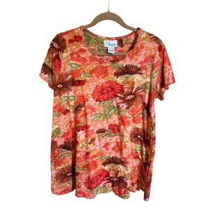 Coral Bay Leisure Floral‎ Print Side Button Accent Short Sleeve Top Medium